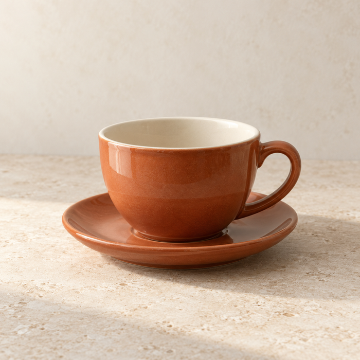 Terracotta Cappuccino Cup & Saucer — concept image, draft product