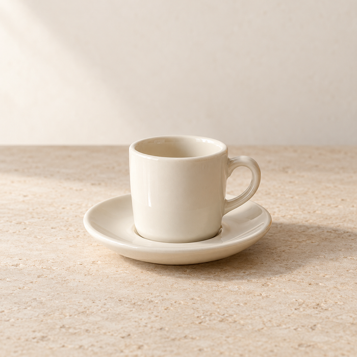 Espresso Cup & Saucer in Warm White — concept image, draft product